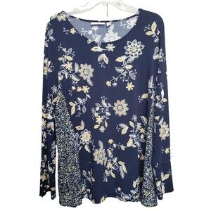Susan Graver LiquidKnit Floral Contrast Side Panels Button-Cuff Tunic Size Large